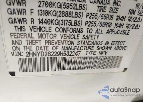 2009 Acura Mdx из США, поврежденный, VIN 2HNYD28229H532247